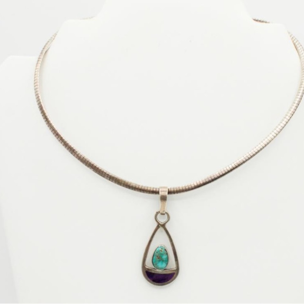 Vintage Zuni Sterling Necklace and Turquoise Pendant